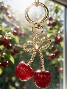 1pc Gold Glitter Cherry Twisted Rope Bow Keychain Pendant, Y2K Sweet Red Resin Fruit Key Ring Bag Charm, Suitable For Car Key Accessories, Birthday Holiday Gift For Girlfriend, Best Friend, Small Gift - Multicolor - View 5
