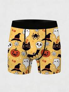 1pc Men's Halloween Style Boxer Briefs, Cartoon Pattern Ghost, Pumpkin, Black Cat, Bat, Spider, Witch Hat Elements All-Over Print, Soft Elastic Fabric, Suitable For Close-Fitting Wear. Holiday Themed Gift Underwear - Orange - View 11