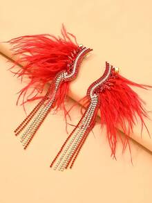 outingfit 1 Pair New Red Feather Tassel Earrings, Exaggerated High-End Rhinestone Ear Cuff, Unique Accessory - Gold - View 3