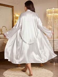 Plus Size White Satin Lace Camisole Nightgown + Robe 2 Pieces Set Bridal Morning Robe Loungewear - White - View 2