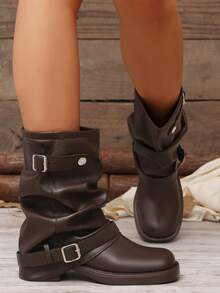 Factory Direct Women's Fashion Versatile Ruched Stacked Slip-On Ankle Boots Plus Size Boots - Brown - View 6