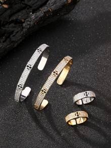 H字母鑲鋯石開口手鐲與戒指珠寶套組 金色/銀色電鍍 女款日常派對配對手鍊戒指 - H - 查看 3