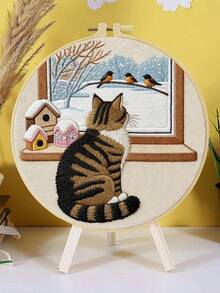 1PC 20*20cm/7.9*7.9in,The Cat In The Forest Embroidery Kit, DIY Handmade Embroidery Set For Adult Beginners, Home Gift, Women's Sewing Gift, Including User Manual, Printed Pattern Fabric, Embroidery Frame, Needle And Thread. - Forest Cat - View 13