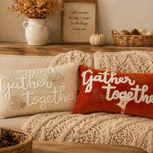 2pcs Pumpkin Letter Print Decorative Pillowcases, Farmhouse Rustic Linen Texture Rectangular Cushion Covers, Autumn Thanksgiving Halloween Home Decor, Suitable For Sofa Bedroom Living Room, Modern Country Style Throw Pillow Covers, Pillow Insert Not Included - Orange - View 4