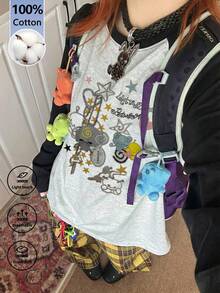 Y2K 千禧風女款秋季新款 1 件裝卡通印花百搭休閒日常大學風插肩袖長袖圓領韓系上衣 - 深花灰 - 查看 5