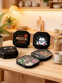 卡通彩色「MEDICINE」便攜式分格藥盒，便攜式醫療急救包，6格膠囊收納盒，旅行藥盒，盒，6格藥丸收納，旅行迷你藥盒，防潮藥片與維生素容器分發收納，居家露營、戶外徒步、狩獵，藥盒，藥丸容器，急救箱，醫療盒，旅行配件，宿舍必需品盒 - 彩色 - 查看 3