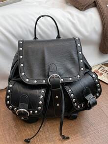Dedoo Mochila con solapa y cordón, unicolor con ribete de remaches, bolsillos dobles, gran capacidad, mochila escolar, campus universitario, mochila diaria de estudiante estilo retro punk - Negro - Ver 8