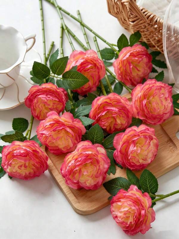 MEHELANY 6pcs Hot Pink Artificial Peony With Stem, Faux Flower For Wedding Centerpiece, Vase Arrangement, Autumn, Home, Party, Hotel & Office Decor