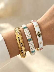 Open Cuff Bangle Set With Evil Eye Enamel And Rhinestone Decor, Bohemian Vintage Bracelet, Suitable For Daily Wear, Holiday Travel And Party Occasions, Stackable Design For Versatile Styling, Popular Fashion Accessory, Perfect For Anniversary And Holiday Gifts - Yellow Gold - View 2