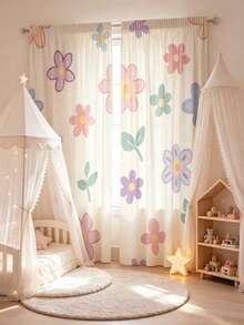 2pcs Cute Pink Floral Curtains With Privacy Protection Rod Design, Beautiful And Durable, Washable, Baby Shower Decoration, Room Decor, Baby Gift - Multicolor - View 5