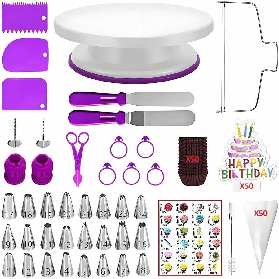 Cake Decorating Kit, 193 Pcs Baking Tools (Blue) | Cake Turntable, Leveler, 24 Numbered Icing Tips, 2 Spatulas, 3 Scrapers, 5 Bag Ties, 50 Pastry Bags, 50 Cupcake Liners & More - Purple - View 1