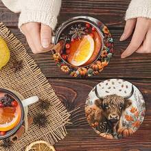 6pcs/Set Or 420pcs/70sets Autumn Series Highland Cow Pattern Printed Beverage Coasters, 10cm/2mm Thick Rubber Soft Bottom Round Absorbent Rubber Beverage Coasters, Soft Rubber Backing, Decorative Coasters, Suitable For Cups, Home Kitchen Dining Table Decor Placemats, Decorative Coasters, Kitchen Decor, Dining Table Decor - Multicolor - View 4