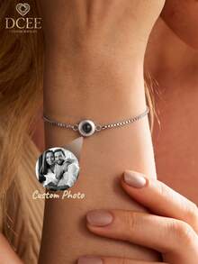 Pulseira de Projeção Personalizada para Casais, Pulseira de Projeção de Foto com Elo Cubano de Aço Inoxidável, Joia de Projeção de Foto Colorida Personalizada, Pulseira Memorial de Foto, Presente para Namorado, Presente Personalizado para o Dia dos Pais - Corrente de caixa ajustável - Visão 3