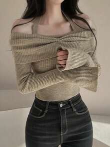 Off-Shoulder Long Sleeve Top, Niche Design, Slimming Short Cropped Halter Neck Sweater - Oatmeal - View 2