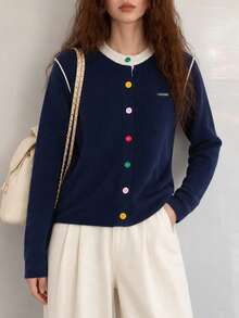 Jaket Sweater Rajut Cardigan Minimalis Kasual Musim Gugur/Dingin Wanita - Navy Blue - View 3