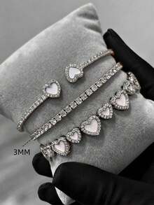 1/3 Piezas Pulsera de Corazón Abierta Chapada en Oro 16K con Cúbico de Circonita Rosa Incrustado en Cobre, Conjunto de Pulseras de Corazón, Combinación de Joyería Personalizada para Mujeres, Adecuada para Uso Diario de Mujeres, Regalo para Fiesta de Festival de Música - Plateado - Ver 2