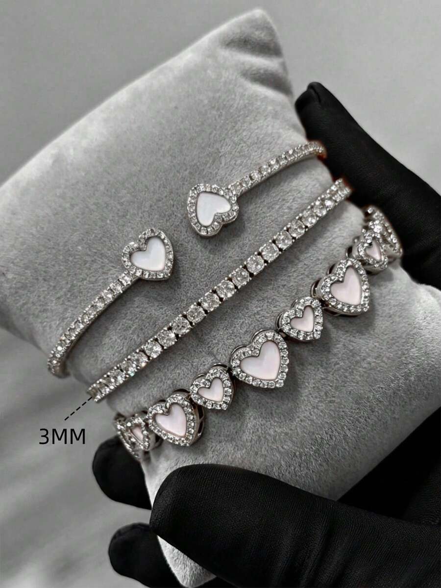 1/3 Piezas Pulsera de Corazón Abierta Chapada en Oro 16K con Cúbico de Circonita Rosa Incrustado en Cobre, Conjunto de Pulseras de Corazón, Combinación de Joyería Personalizada para Mujeres, Adecuada para Uso Diario de Mujeres, Regalo para Fiesta de Festival de Música