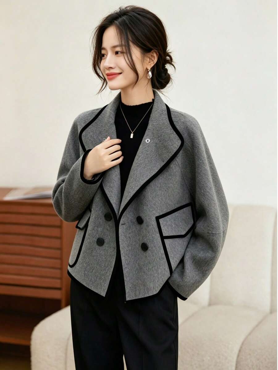 YUXIN 新款冬季时尚插肩袖撞色天鹅绒饰边双面休闲外套，高品质长袖灰色大衣