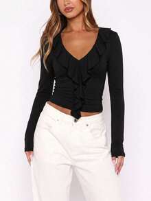 Elegant Fashion Deep V-Neck Ruffle Long Sleeve Slim Fit Women's Top, Autumn/Winter New Style, Versatile For Layering Or Wearing Alone Casual - Black - View 5