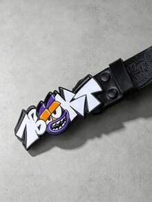 1pc New Halloween Street Graffiti Cartoon Letter Buckle Decor Belt, Floral Print Black PU Leather Belt, Unisex - Black - View 4