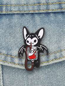 Cute Bat Blood Bag Enamel Pin, Gothic Vampire Brooch, Spooky Halloween Lapel Badge - Black and White - View 4