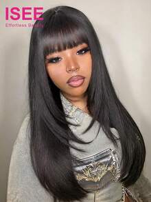 ISEE 16-24 Inch 180% Density Natural Color Pre-Cut Layered Bangs T-Part Wig, Pre-Bleached Knots, Front Hairline, No Glue Needed, Suitable For Beginners, Natural Hairline, Glue-Free Wear - SNatural - View 2