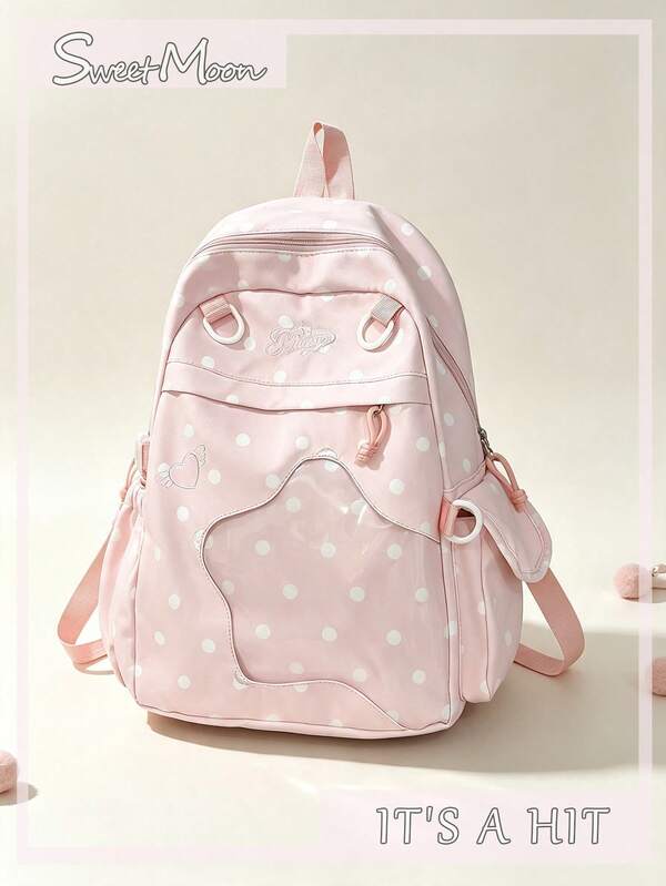 1pc Pink Nylon Casual Minimalist Polka Dot & Letter Pattern Transparent Pocket Buckle Reinforced Comfortable Shoulder Strap Multi-Pocket Zipper Closure Large Capacity Foldable Backpack (Without Pendant) Suitable For Spring/Summer Hot-Selling Style, Ideal For Students, Campus, Commuting, Outdoor Travel, Holiday Gift, Can Hold Books, Pencil Case, Makeup Bag, Makeup Box, Suitable For Home, Gifting, Vacation