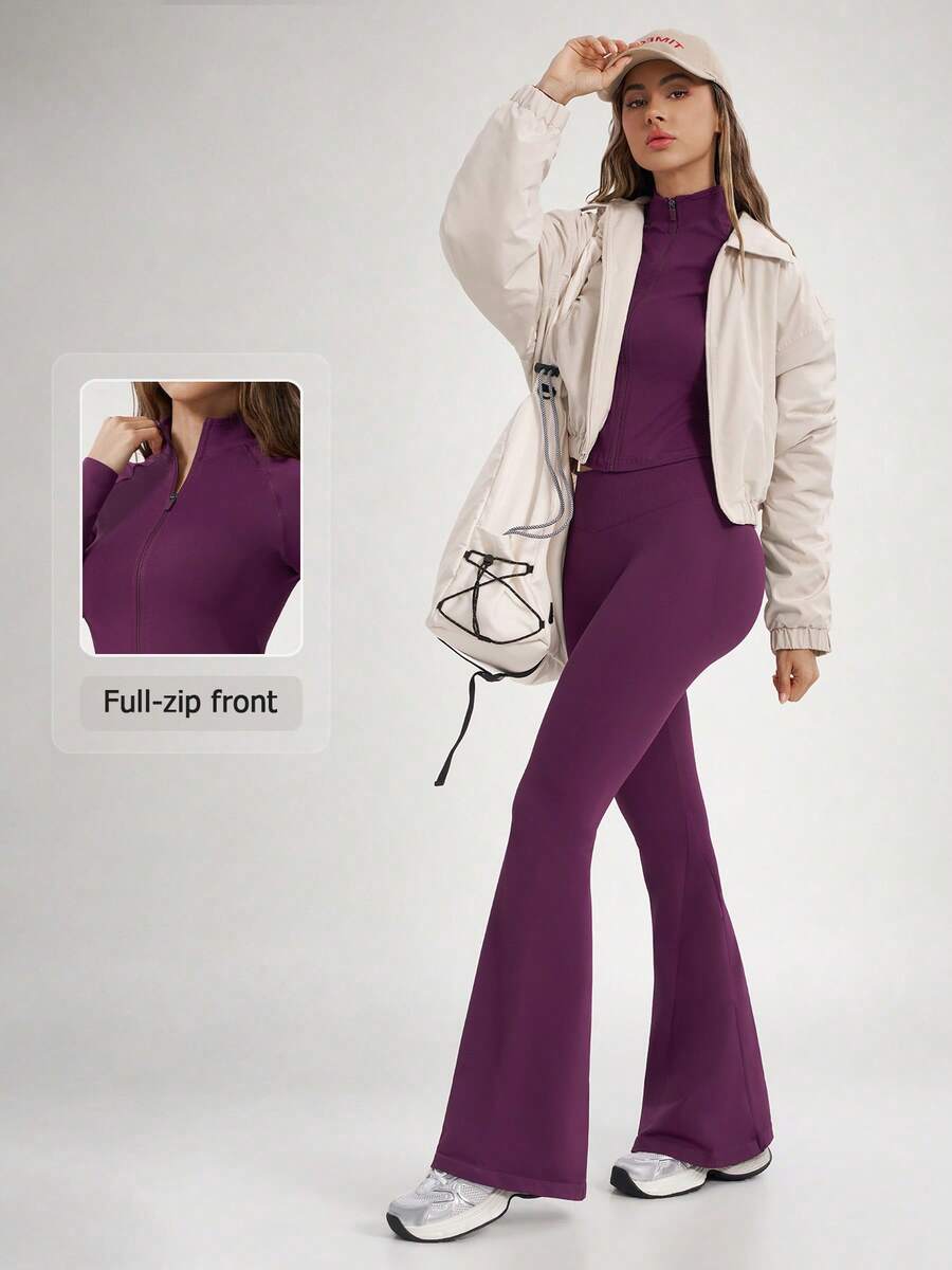NcmRyu One Set Women's Seamless Ribbed Zip-Up Mock Neck Long Sleeve Flare Pants Sports Set - Purple - View 1