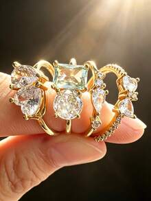 1pc 18K Gold Plated Luxury Diamond Ring, Vintage Bow, Square, Round, Heart, Teardrop Shape Rings, Suitable For Women And Girls Holiday, Party, Daily Wear, Jewelry Gift - Golden - View 1