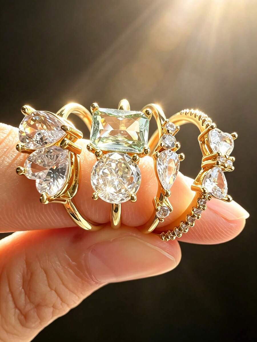 1pc 18K Gold Plated Luxury Diamond Ring, Vintage Bow, Square, Round, Heart, Teardrop Shape Rings, Suitable For Women And Girls Holiday, Party, Daily Wear, Jewelry Gift - Golden - View 1