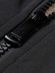 Men's Black Fleece Lined Aviator Jacket, Zipper Front Baseball Collar Casual Winter Coat - Black - View 4