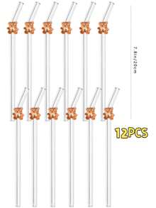 1/3/5/12支裝可重複使用透明彎曲玻璃吸管，熊圖案，適用於廚房奶茶咖啡果汁奶昔，適合居家餐廳派對返校旅行，假日夏季禮物 - 無色 - 查看 14