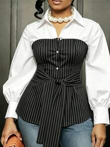 Camisa de botones a rayas y bloques de color estilo casual de negocios para tallas grandes - Multicolor - Ver 1
