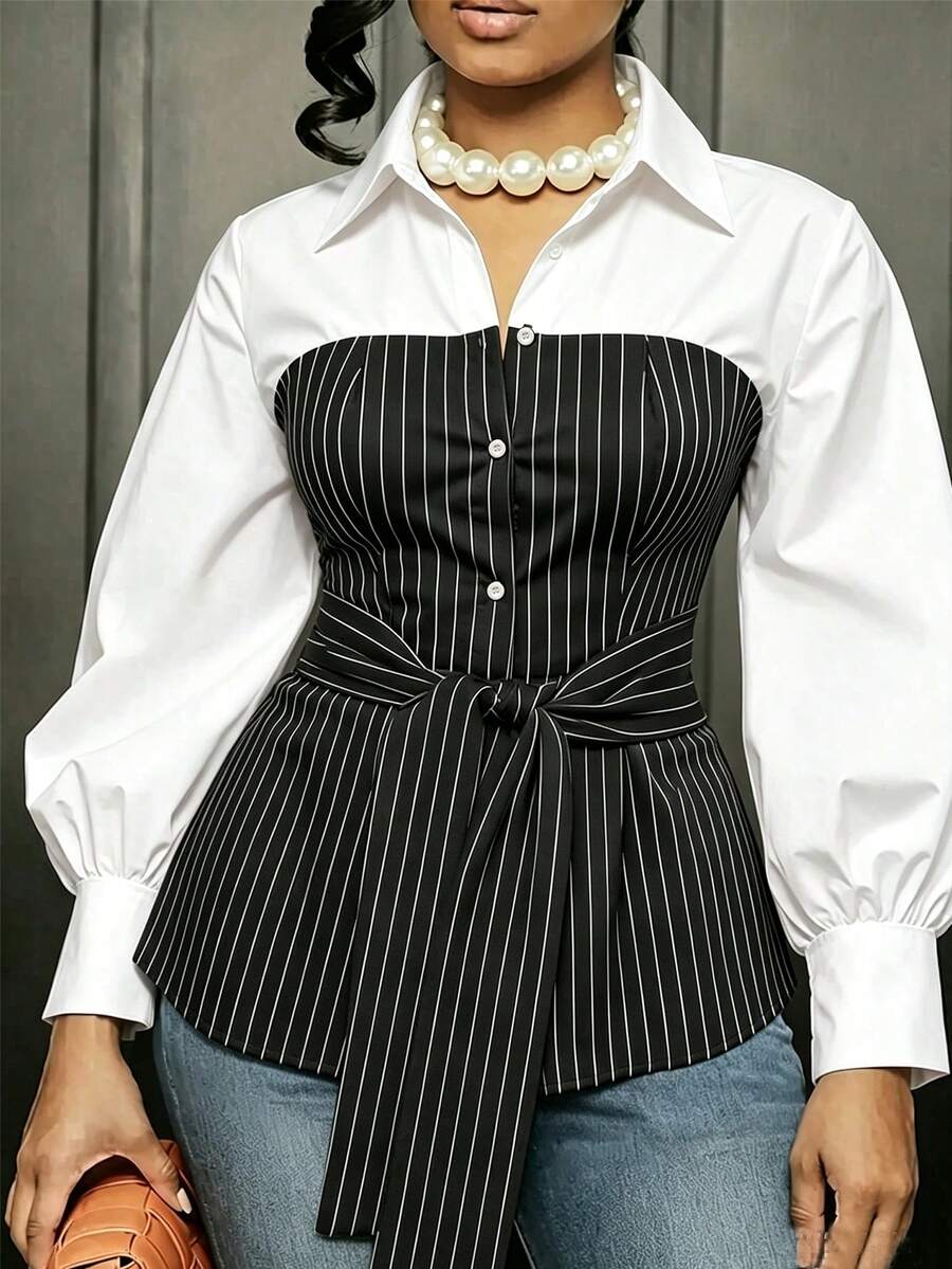 Camisa de botones a rayas y bloques de color estilo casual de negocios para tallas grandes - Multicolor - Ver 1