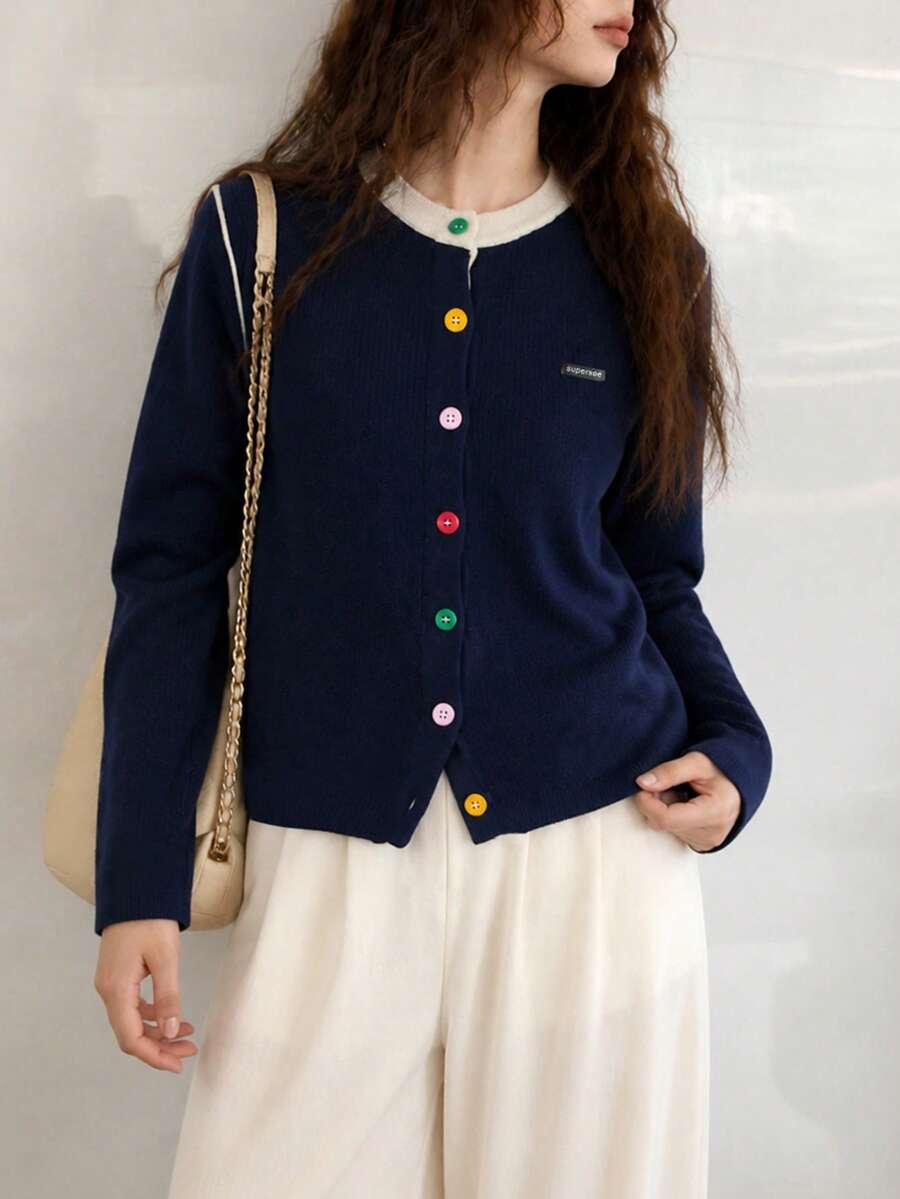 Jaket Sweater Rajut Cardigan Minimalis Kasual Musim Gugur/Dingin Wanita - Navy Blue - View 1