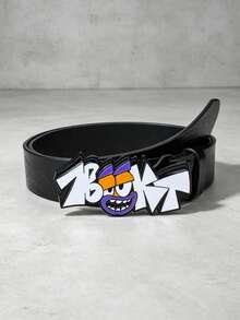 1pc New Halloween Street Graffiti Cartoon Letter Buckle Decor Belt, Floral Print Black PU Leather Belt, Unisex - Black - View 7