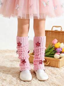1 Pair Girls' Bright Pink Knitted All-Season Leg Warmers With Sequin Star Decor, Fashionable Spring/Autumn Leg Covers - Pink - View 5