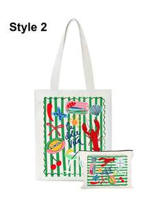 White Canvas Shoulder Bag And Makeup Bag Set With Striped Lobster Pattern, Casual Cute Handbag For Women And Girls Daily Commute, Shopping, Travel, Multi-Functional Cosmetic Storage Bag, Portable Toiletry Bag, Perfect Gift For Friends, Moms, Teens, Back To School, Independence Day, Birthday, Teacher's Day - Multicolor - View 16