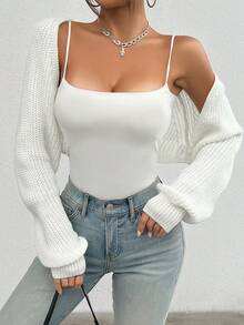 Women's Solid Color Ribbed Knit Sleeveless Cropped Cardigan For Fall/Winter,Long Sleeve Tops Casual White - White - View 4