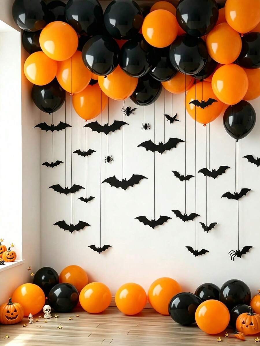 43pcs/Set Halloween Ceiling Decoration Set, Includes Orange & Black Latex Balloons, Bat Stickers, Birthday, Holiday, Costume Party, Bachelor Party - Multicolor - View 1