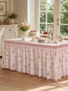 1pc Pink Plaid Print Lace Table Skirt, Fresh Polyester Rectangular Dining Table Apron, Perfect Pleated Tablecloth, Suitable For Camping, Autumn Decor And Party Decoration - Multicolor - View 2