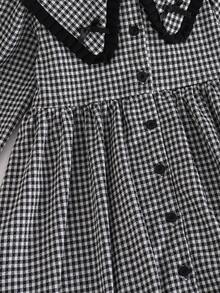 Girls Black And White Plaid Long Sleeve Dress, Large Collar Ruffle Bow Button Petal Sleeve College Style Princess Dress, Spring Autumn Winter - Black and White - View 5