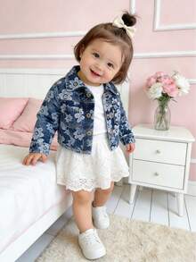Baby Girls Spring Autumn Floral Print Denim Jacket,Lapel Button Down Coat With Pockets For Daily Home Outdoor Wear New - Blue - View 3