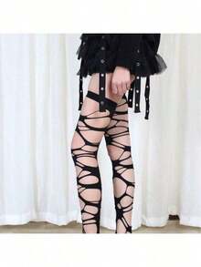 1/2 Pairs Gothic Fishnet Socks, Punk Style Ripped Asymmetric Hollow Out Y2K Lolita Sexy Spider Web Socks, Suitable For Women - Black - View 8