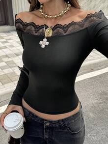 Unadoll Women's Black Cold Shoulder Lace Trim Bell Sleeve Long Sleeve Top, Elegant Fitted Basic T-Shirt, Suitable For Back To School, Daily Wear And Date Night - Black - View 5