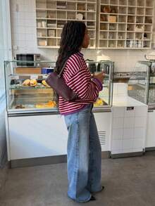 Plus Size Women's Street Fashion Striped Colorblock Long Sleeve Sweater - Burgundy - View 3