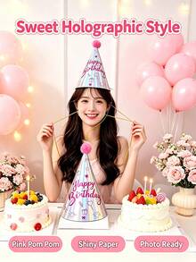 10pcs Metallic Color Happy Birthday Cone Paper Party Hats With Pom Poms, Gold And Laser Silver Printed Birthday Hats With Elastic Cord, Birthday Party Decoration Photo Props, For Celebration Events - Birthday Hat - View 6