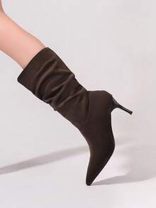 Women's Ruched Boots, Solid Color Stiletto High Heel Mid-Calf Boots, Autumn/Winter Riding Boots, Fashion Boots - Brown - View 5