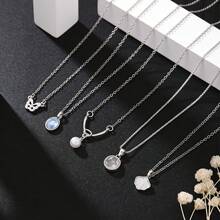 Fashionable Minimalist Fresh Butterfly Shell Oval Pearl Small Round Women's Pendant 5-Piece Set, Daily Casual, Party, Versatile, Can Be Layered Or Worn Individually - Silver - View 4
