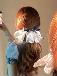 1pc Women's Grey Lace Bow Hair Claw Clip, Korean Style Preppy Ribbon Spring Hair Accessory - Grey - View 3
